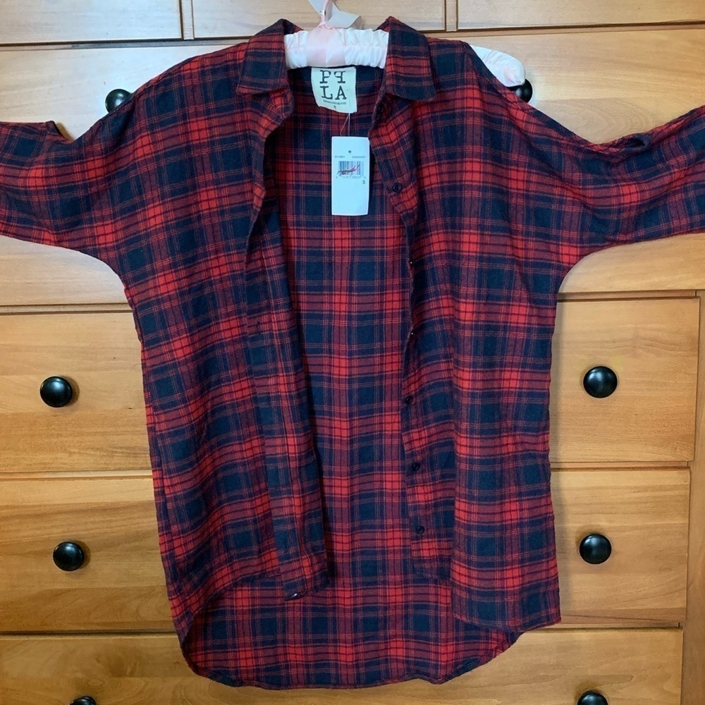 PPLA flannel plaid cold shoulder button down shirt